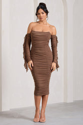 Mocha Ruched Mesh Bardot Midi Dress